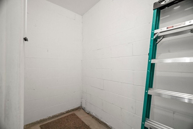 washroom featuring concrete block wall