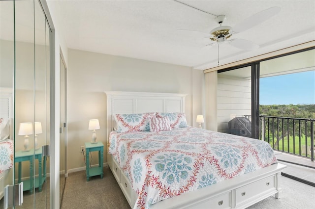 carpeted bedroom featuring ceiling fan, baseboards, and access to exterior