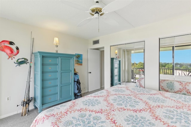 bedroom featuring visible vents, ceiling fan, access to exterior, a textured ceiling, and carpet floors