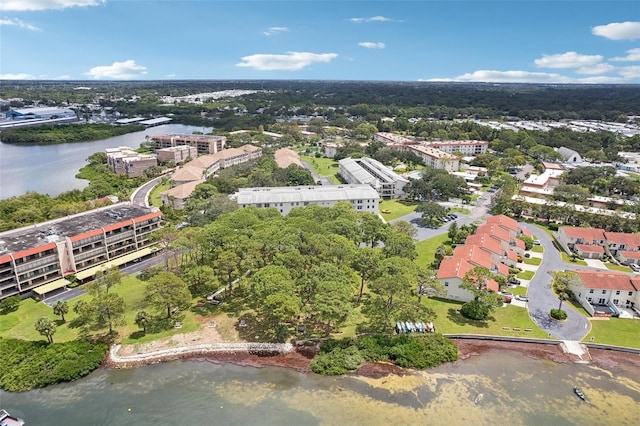 drone / aerial view with a water view