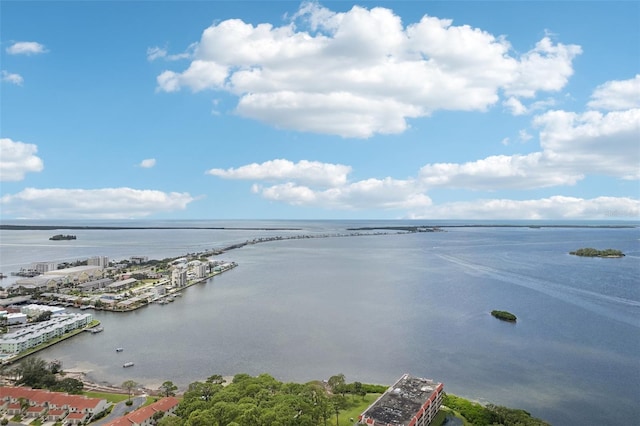 birds eye view of property featuring a water view