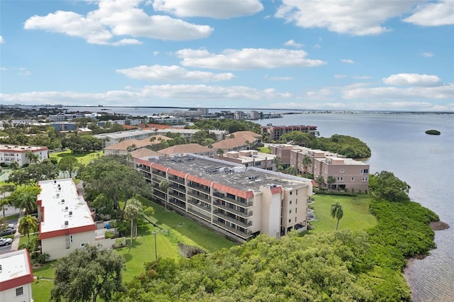 aerial view featuring a view of city and a water view