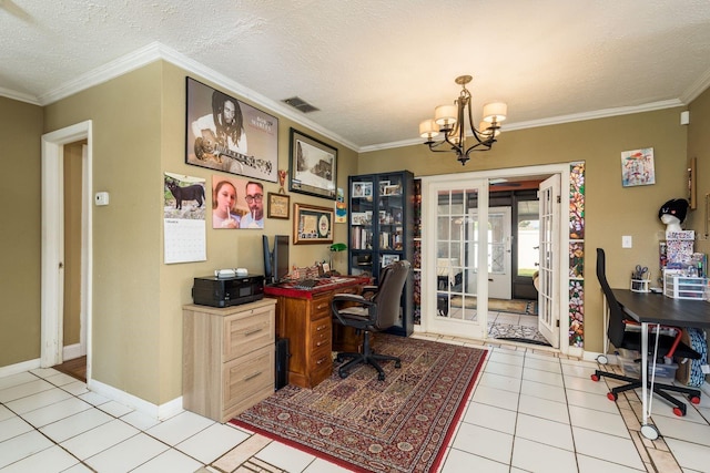 home office with light tile patterned floors, a textured ceiling, a chandelier, visible vents, and ornamental molding