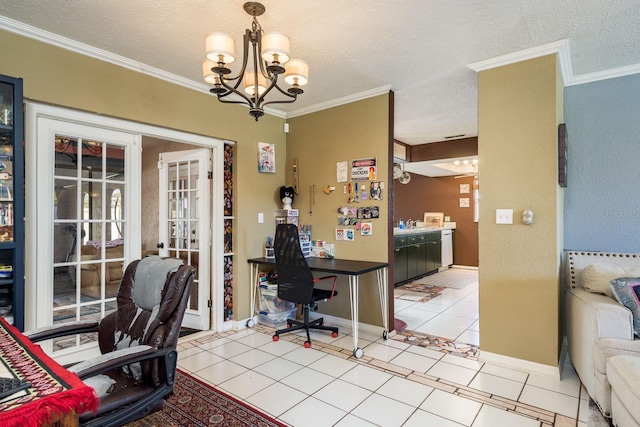 home office featuring ornamental molding, light tile patterned flooring, a notable chandelier, and a textured ceiling