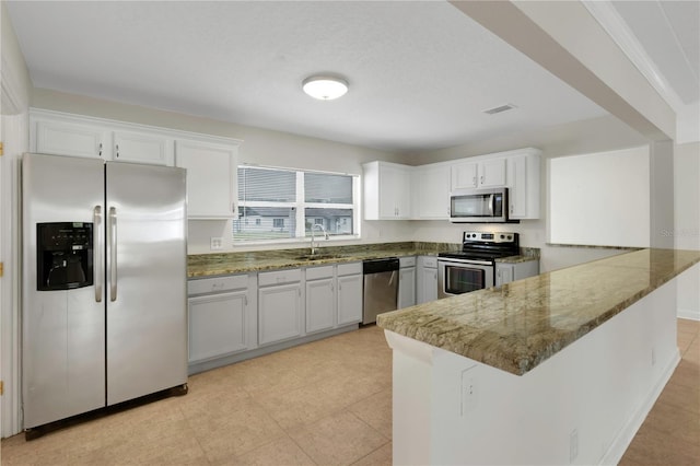 5813 18th Ave S, Gulfport, FL 33707 - kitchen with dark stone counters, appliances with stainless steel finishes, a peninsula, white cabinetry, and a sink