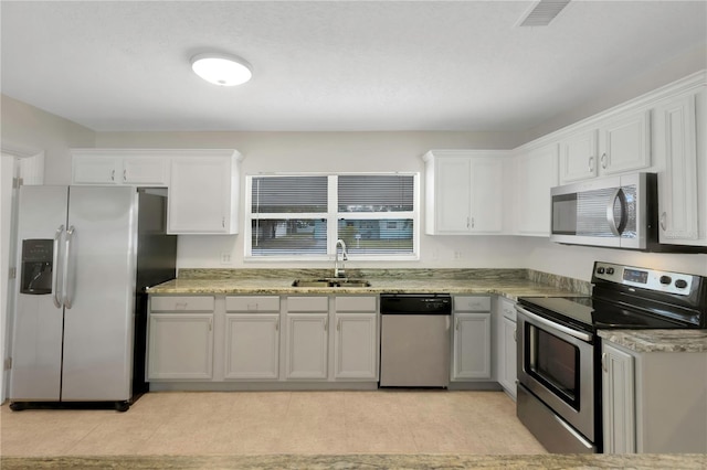 5813 18th Ave S, Gulfport, FL 33707 - kitchen featuring white cabinets, visible vents, appliances with stainless steel finishes, and a sink