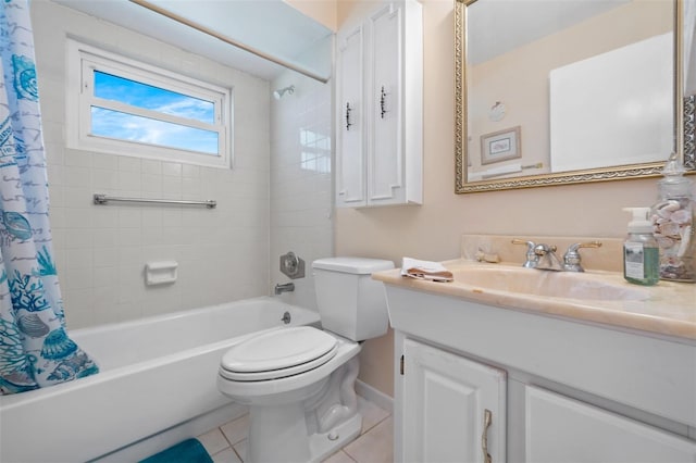 full bathroom featuring vanity, shower / tub combo, tile patterned flooring, and toilet