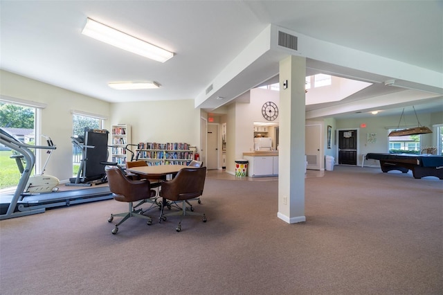 interior space with billiards, carpet flooring, and visible vents