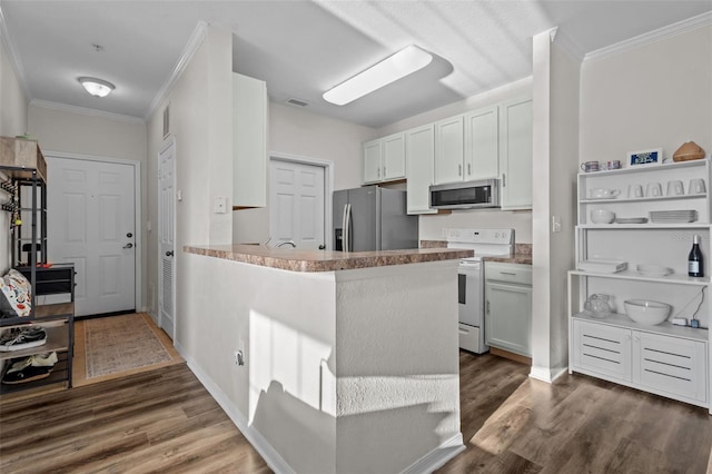 kitchen featuring appliances with stainless steel finishes, dark wood-type flooring, ornamental molding, and a peninsula