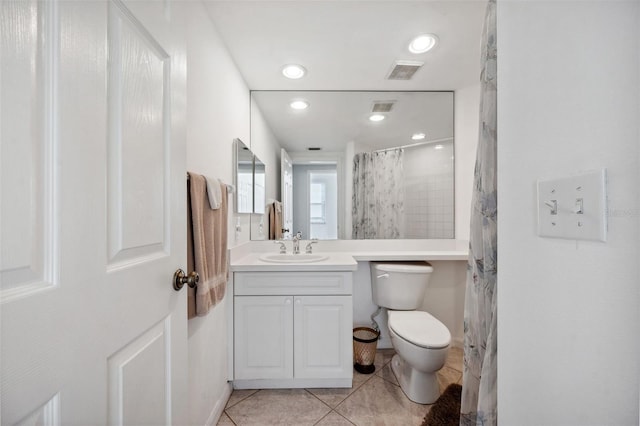 full bathroom with visible vents, toilet, tile patterned flooring, vanity, and recessed lighting