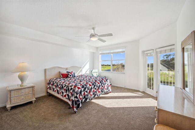 bedroom with carpet floors, access to exterior, baseboards, and a ceiling fan