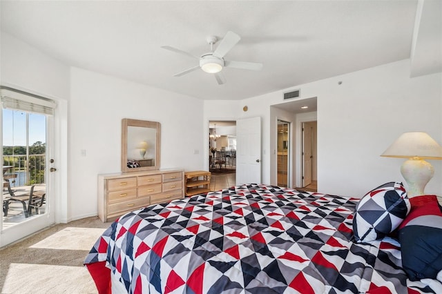 bedroom featuring ceiling fan, access to outside, visible vents, and light colored carpet