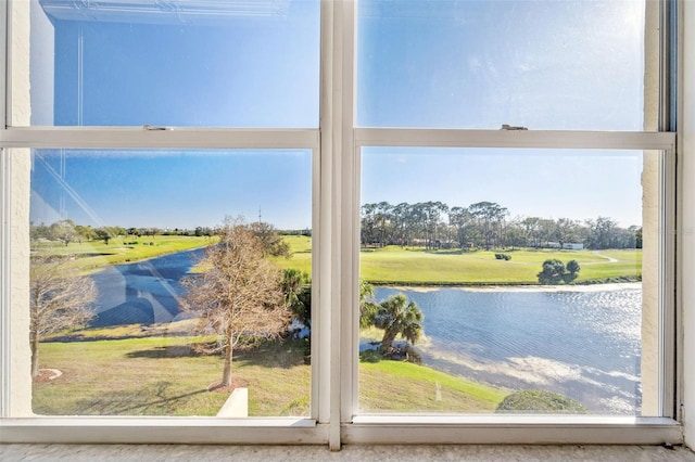 interior space featuring a water view