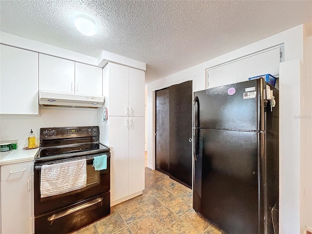 kitchen with under cabinet range hood, light countertops, a textured ceiling, black appliances, and white cabinetry