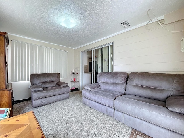 carpeted living area with visible vents and a textured ceiling