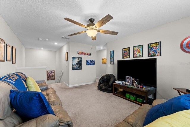 living room with a ceiling fan, baseboards, carpet flooring, visible vents, and recessed lighting