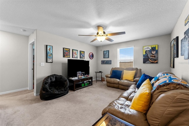 14618 Scottburgh Glen Dr, Wimauma, FL 33598 - carpeted living area featuring ceiling fan, baseboards, and a textured ceiling