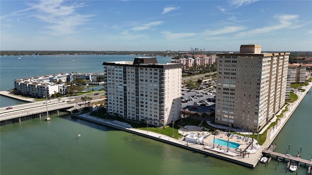 bird's eye view with a city view and a water view