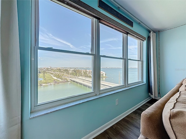 interior space featuring baseboards, dark wood-type flooring, and a water view