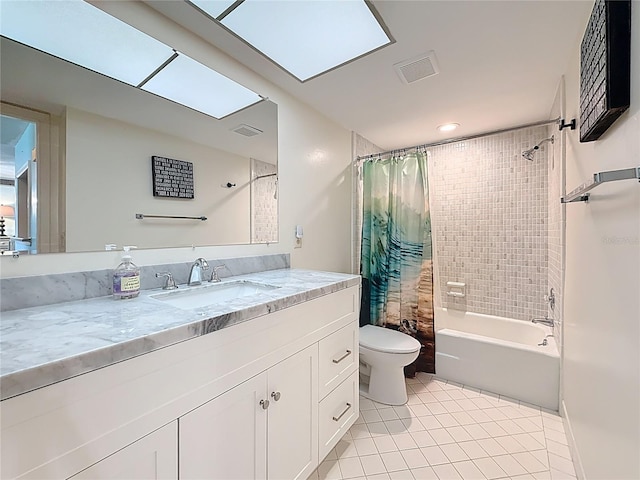 full bathroom with visible vents, toilet, vanity, and shower / bath combination with curtain