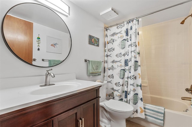 full bathroom featuring toilet, shower / tub combo with curtain, and vanity