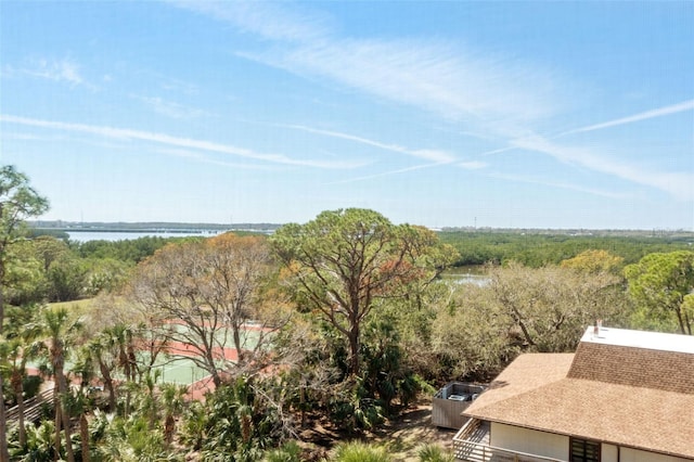 exterior space with a water view