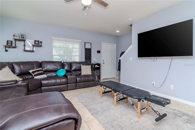 living area with visible vents, baseboards, ceiling fan, light tile patterned flooring, and recessed lighting