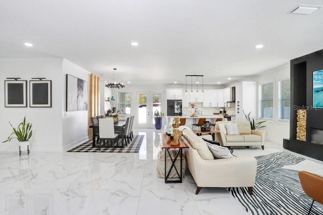 living area featuring french doors, marble finish floor, recessed lighting, visible vents, and baseboards