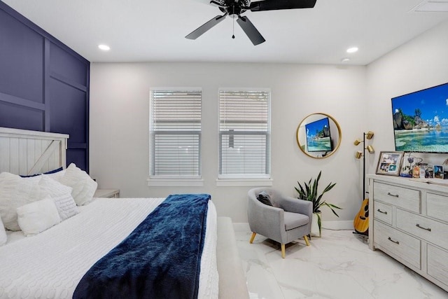 bedroom featuring baseboards, marble finish floor, a ceiling fan, and recessed lighting