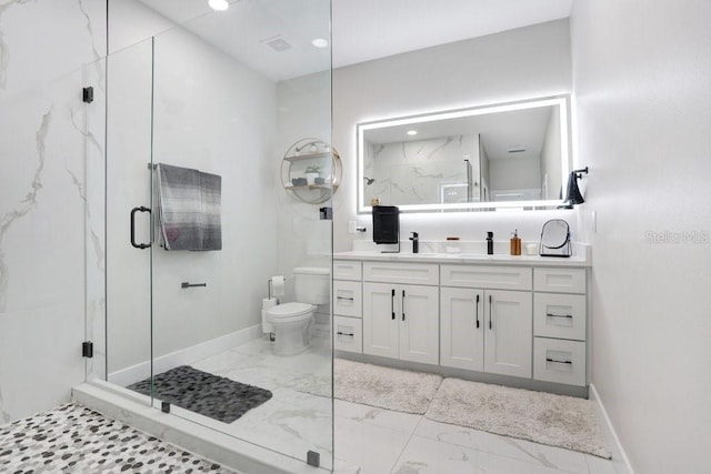 full bath featuring marble finish floor, a marble finish shower, and toilet