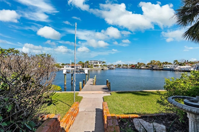 dock area featuring a yard and a water view