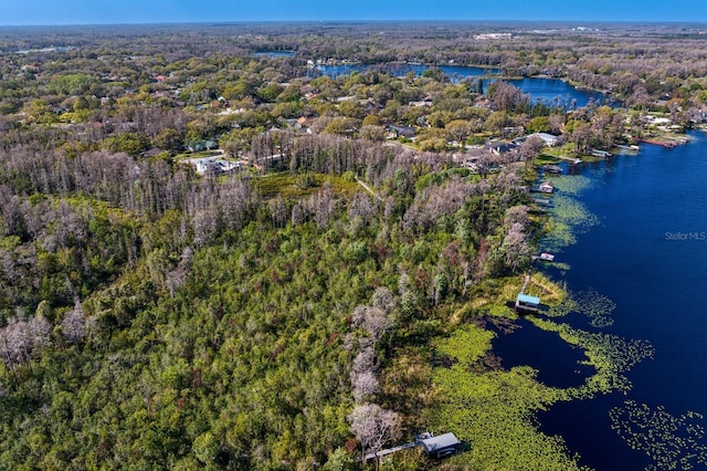 bird's eye view with a water view and a forest view