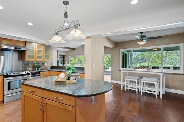 kitchen featuring under cabinet range hood, wood-type flooring, plenty of natural light, and stainless steel appliances