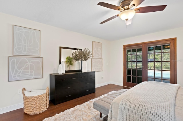 bedroom featuring baseboards, a ceiling fan, dark wood-style floors, access to outside, and french doors