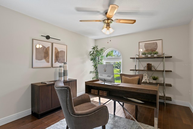 home office featuring a ceiling fan, baseboards, and hardwood / wood-style floors