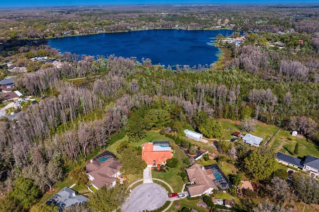 bird's eye view with a water view and a forest view