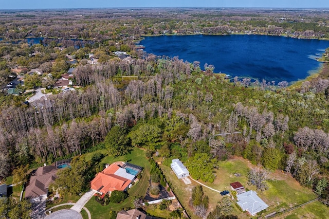 aerial view with a water view and a view of trees