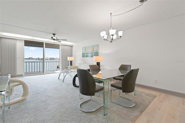 dining room featuring baseboards, wood finished floors, a water view, a textured ceiling, and ceiling fan with notable chandelier