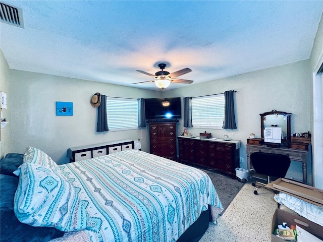 bedroom with a ceiling fan, visible vents, a textured ceiling, and speckled floor