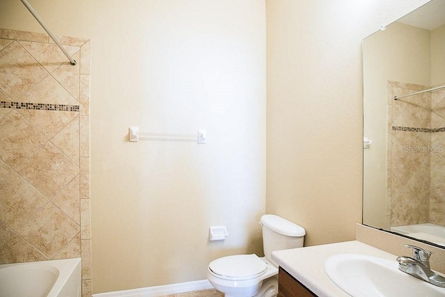 bathroom with toilet, shower / bathtub combination, baseboards, and vanity