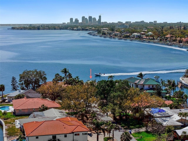 bird's eye view featuring a water view and a city view