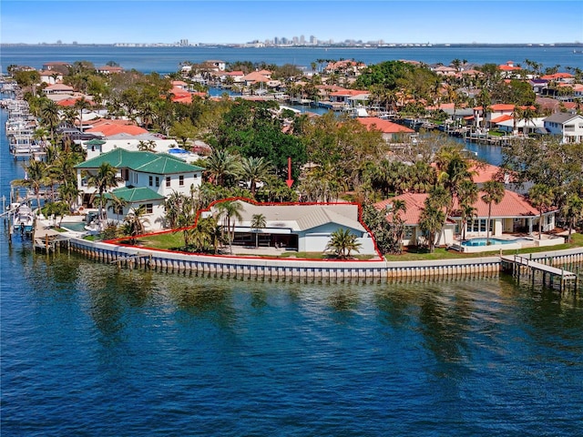 aerial view featuring a water view and a residential view