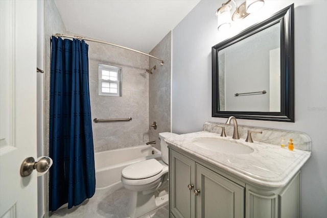 full bath with tile patterned flooring, vanity, toilet, and shower / bathtub combination with curtain