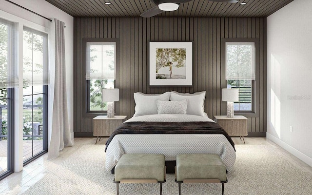 bedroom featuring baseboards, multiple windows, wooden ceiling, and recessed lighting