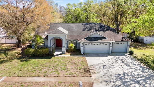 view of front of property featuring a garage, concrete driveway, a front lawn, and stucco siding