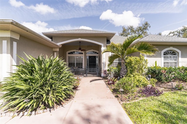 property entrance featuring a ceiling fan, a gate, a shingled roof, and stucco siding