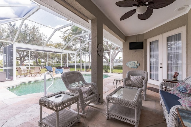 view of patio featuring an outdoor hangout area, a ceiling fan, and an outdoor pool