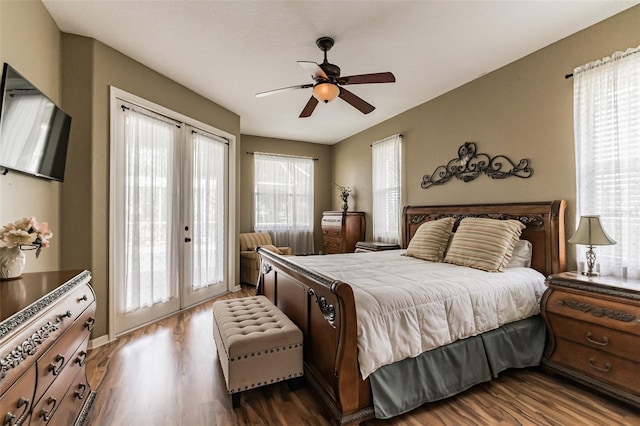 bedroom with ceiling fan, french doors, wood finished floors, and access to exterior