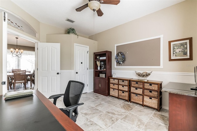 office featuring ceiling fan with notable chandelier and visible vents