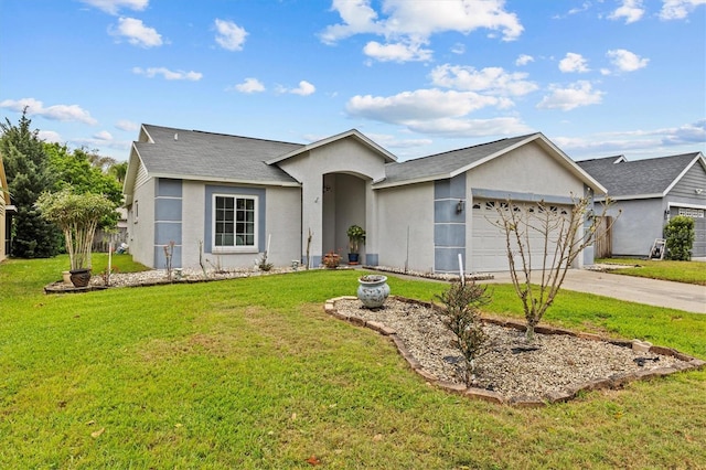 ranch-style house featuring a front lawn, concrete driveway, an attached garage, and stucco siding